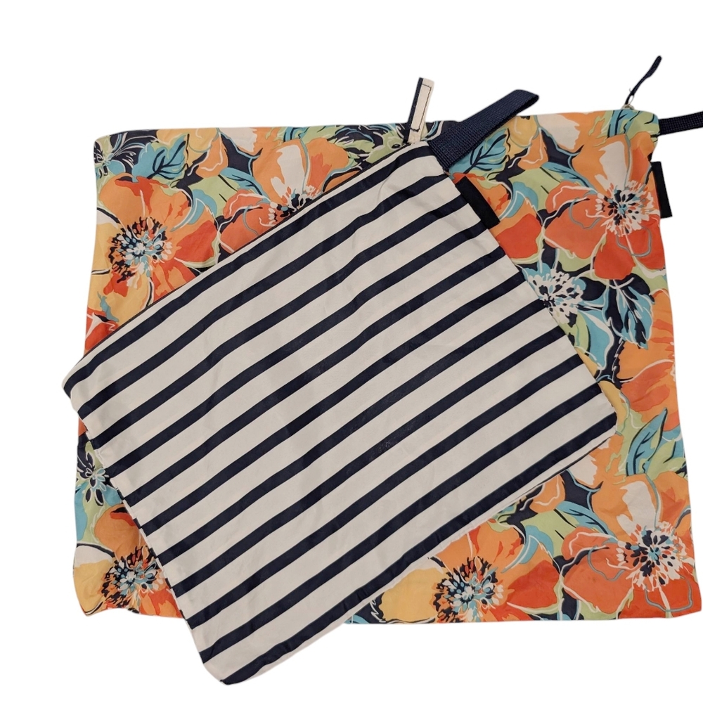 LANDS END Nylon Makeup Bags Floral Striped Travel Cosmetic 2PC Set